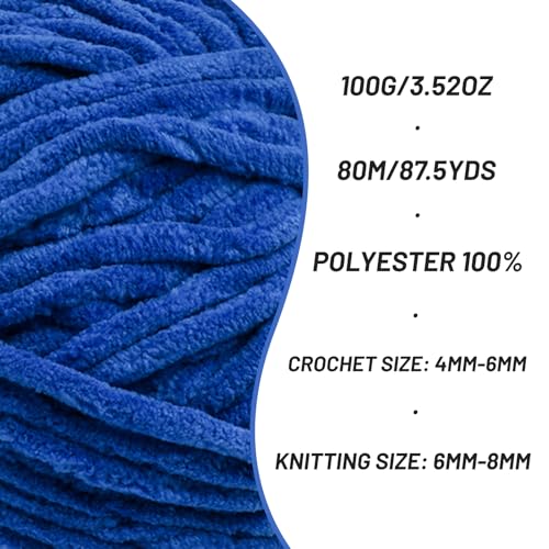 Image of 2 Pack Fluffy Chenille Yarn for Crocheting, Chunky Velvet Yarns for Crochet Amigurumi, Baby Yarn for Crocheting Soft Blanket, 174.9yds /7 oz Bulky Yarns for Crafts /Hats /Shoes /Socks (2 Sapphire Blue)