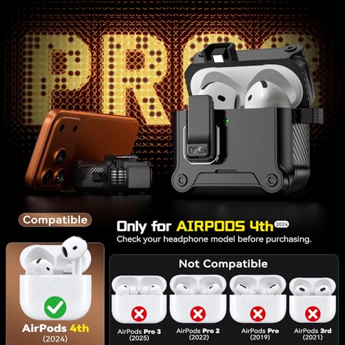 Image of Inesore for AirPods 4 Case with Secure Lock (Black) | Phone Stand Design,Compatible with MagSafe,Automatic Snap Switch Secure Cover with Cleaner Kit & Keychain