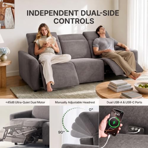Image of Marsail 95 inch Power Recliner Sofa, Zero Gravity Reclining Sofa with Charging Ports, Adjustable Headrest, 3-Seater Modern Zero Wall Hugger Reclining Couches for Living Room, Pet-Friendly Fabric, Gray