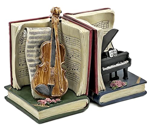 Bellaa 43235-43747 20430 Decorative Bookend Music Lover Vintage Antiques Book Ends Acoustic Violin Musical Notes Piano Luxury Bookshelf Decor Tabletop Shelves Nonskid Heavy Duty Stoppers thumb #3