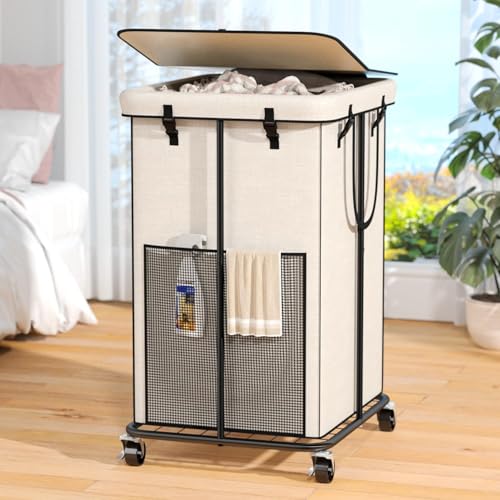 Image of 160L Laundry Hamper with Lid, Rolling Laundry Basket with Wheels, Large & Tall Dirty Clothes Hamper with Metal Frame and Removable Bag for Bedroom Aesthetic, Laundry Room, Bathroom, Dorm-White