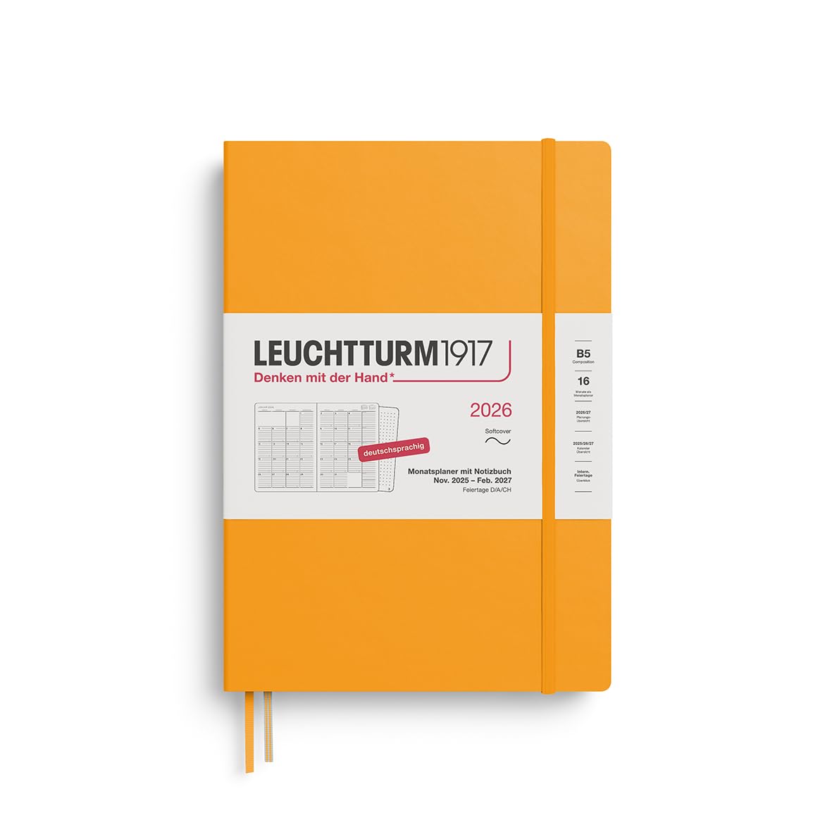 LEUCHTTURM1917 372605 Monthly Planner & Notebook Composition (B5) 2026, 16 Months (01 November 2025-28 February 2027), Softcover, Rising Sun, German