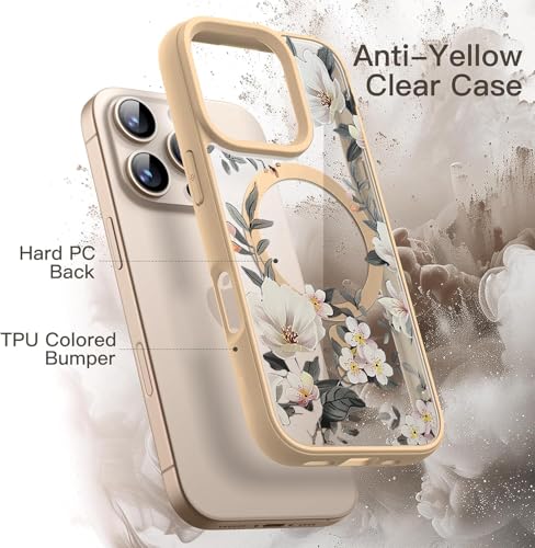 Image of VONZEE Compatible with iPhone 15 Pro Max Case Luxury Retro Flowers Floral Clear for Magnetic Wireless Charging Case Shockproof Case PC+TPU Cute Glossy Shiny Cover for Girls Women,6.7'' Desert Titanium