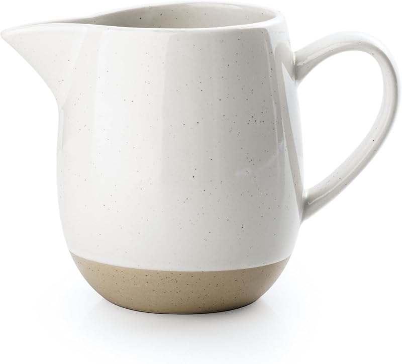 Crema de 13 oz con asa, jarra de café de cerámica, blanca | Jarra para leche/salsa/para servir/ensalada, dispensador de jarabe/arce de gres, vaso para espumar leche, apto para microondas y lavavajillas