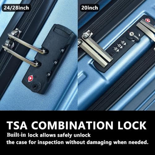 Image of 2pcs 20 /28 inch Luggage Set, 20 Inch Carry On Suitcase 28 Inch Checked Luggage | 20in 21.65*15.35*7.87 inch Cabin Suitcase with Front Pocket,Lightweight HardShell,YKK Zipper,TSA Lock,Europe Travel,Ice Blue