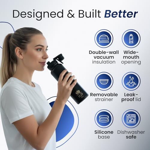 Image of Premium 1 Liter Water Bottle (33.8 oz) with Carrying Case & Strap - Double Wall Vacuum Insulated Stainless Steel Water Bottle - Leakproof Lid, Wide Mouth, BPA-Free, Removable Strainer - Blue