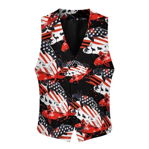 Japanese Fish USA Flag Men's Suit Vest Waistcoat Vests Formal Dress with 2 Pockets for Business Casual Tuxedo3