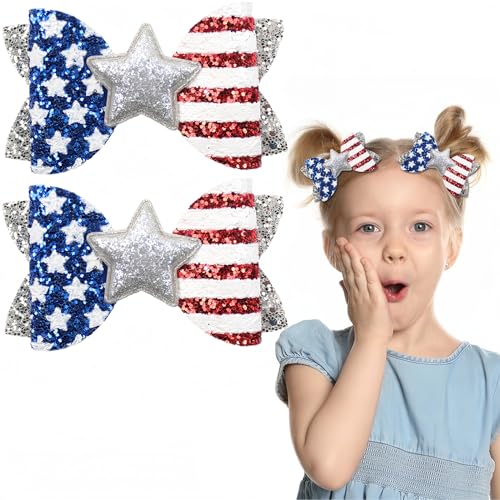 JIENIGUI 2個 7月4日リボンヘアクリップ 独立記念日ヘアアクセサリー 女の子用 アメリカ国旗ヘアリボンバレッタ グリッターシルバースターヘアリボンクリップ ワニ口クリップ 愛国心ホリデーパーティー衣装装飾(Style 3)