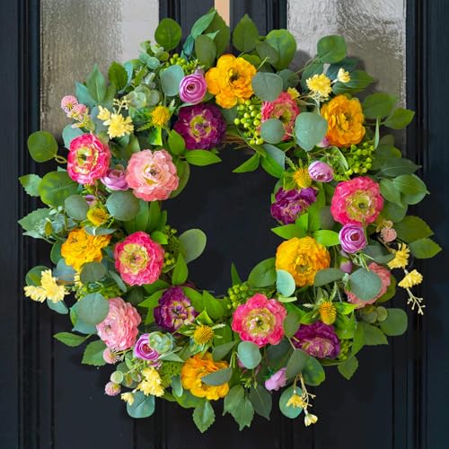 CHvista Spring Wreaths for Front Door 24 Inch Outdoor Spring Wreath with Peony Rose Ranunculus & Eucalyptus,Handmade Silk Summer Wreaths for Front Door,Spring Door Wreath for Porch Home Wall Window