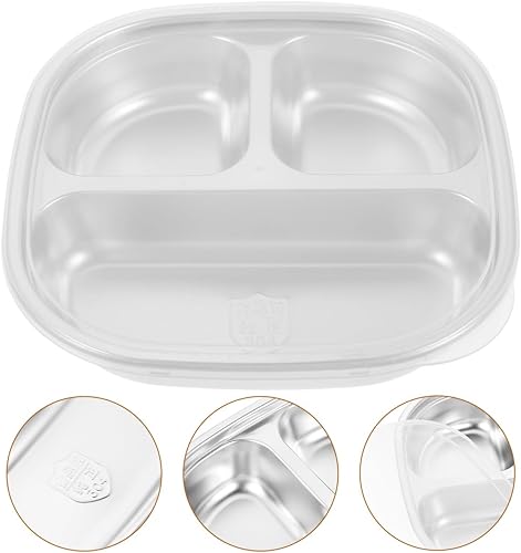 Miniatura 9 de Bandeja de almuerzo dividida de acero inoxidable 304 con tapa transparente, plato de tres compartimentos para reuniones escolares familiares y