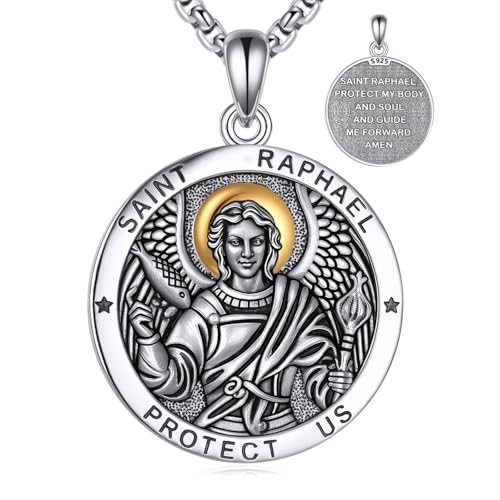Saint Raphael Necklace 925 Sterling Silver St Raphael Pendant Patronus Amulet Medal Jewelry Gifts for Men Women
