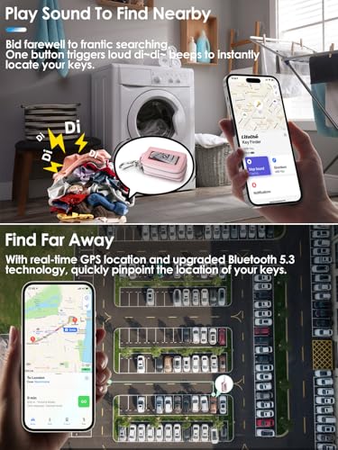Image of Keychain, Works with Apple Find My, Key Finder Built-in Anti-Loss Tracker, Leather Car Fob Key Holder, Double-Layer Car Key Chains with Global Locator Tracking, Rechargeable (Pink)