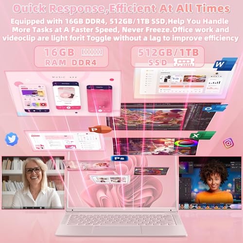 Image of 14 inch Pink Laptop, 16GB DDR4 RAM 1TB, N150 CPU for Business Work Students | Win 11 Pro, 2K FHD IPS Screen, Fingerprint Reader, Type-C, WiFi 5, Bluetooth 5.0, 6000mAh Battery