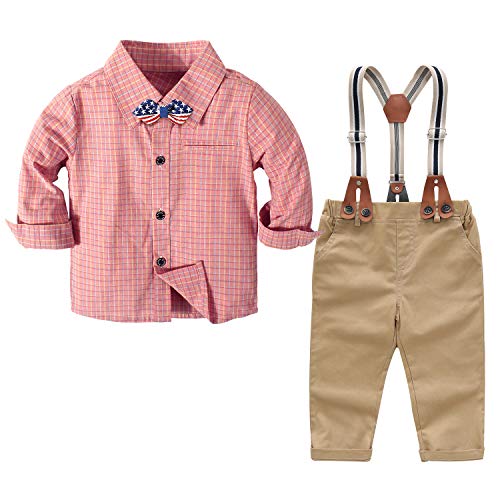 Boy Clothing Sets Bowties Shirts Tops + Suspenders Pants Kids Wedding Outfits Pink 2-3 Years