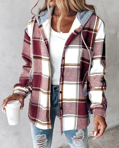 Minetom Sweatjacke Damen Karierte Winterjacke Kapuzenjacke Kapuzenpullover mit Knöpfen Herbst Winter Warm Fleece Gefüttert Jacke Mantel A Weinrot XL