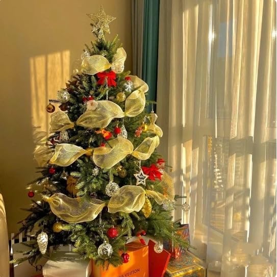 Miniatura 2 de Cinta de malla de alambre con purpurina dorada, cinta dorada de Navidad, cinta metálica dorada para decoración de árbol de Navidad, guirnalda de