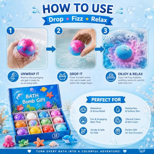 Image of Bath Bombs for Kids Gift Set, 12 Colorful Bath Bomb with Surprise Gift Inside, Ocean Theme Fizzing Tub Fun, Moisturizing Foam for Soft Skin, Cute Toy Filled Bath Time Treat