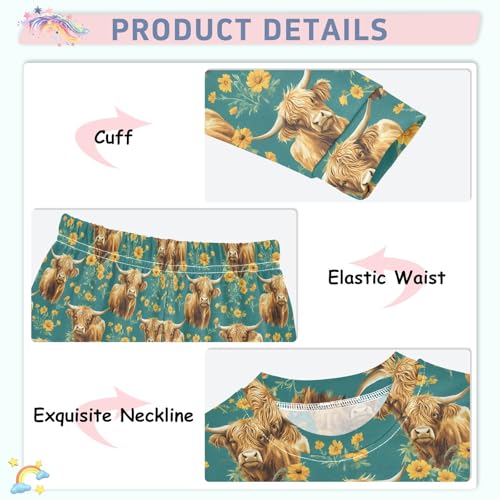 Highland Cattle Chrysanthemum Pattern Cute Pajama Sets Long Sleeve Top and Pants, Snug Fit Sleepwear for Night Wears4