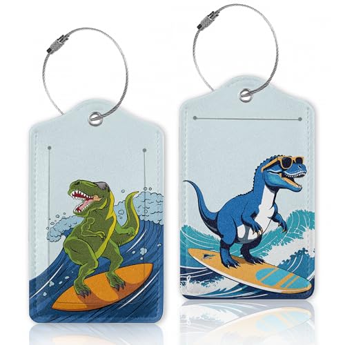 2 Pcs Luggage Tags for Suitcase,Dinosaur Surfing on Sea Luggage Tag Name Id Labels with Privacy Cover for Travel Backpack Women Men