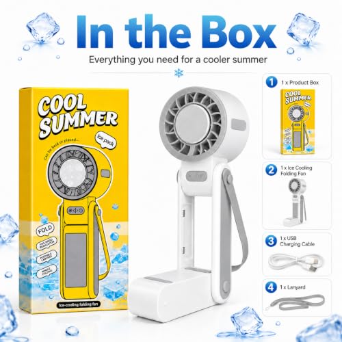 Image of One94Store Ice Cooling Folding Fan, 1800mAh Rechargeable Mini Fan, 5-Speed Portable Personal Fan with Phone Holder, USB Type-C Charging, Foldable Adjustable Design, Lanyard Included, White