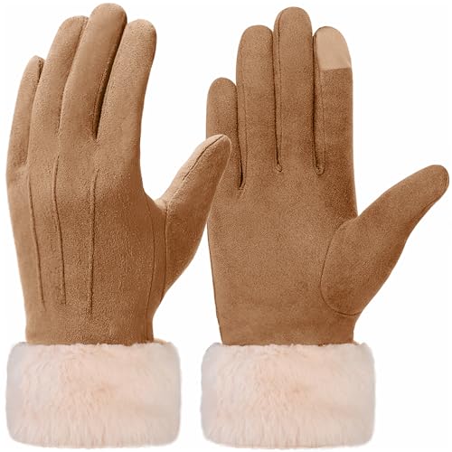 Vagasi Gants Cuir Femme Véritable Suédé Poils Hiver Chaud Epais Mouffle Ecran Tactile Doublure Polaire Confortable Conduite Jogging Extérieur,Marron,Taille...