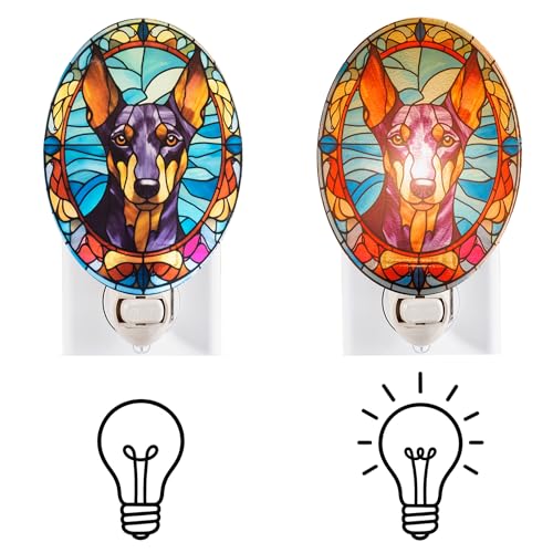 Image of Dog Night Light Doberman, Stained Glass Styled Plug-in Wall Nightlight, Bulb Included, Pet Memorial Dog Lover Gift, Bedroom Hallway Bathroom Decor, Manual On /Off Switch