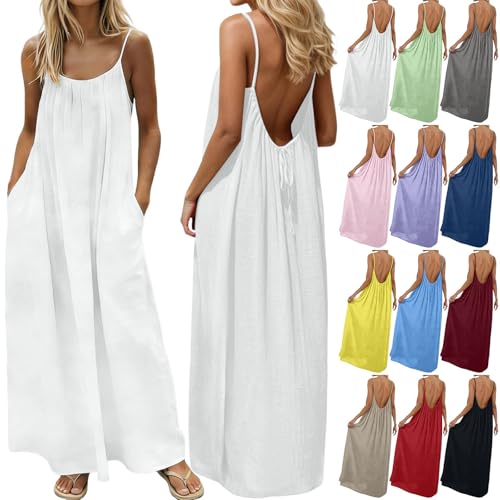 Robe Longue Femme Chic Et Elegant Fluide Robe Blanche De Plage BohèMe Dos Nu Caraco Unie Robes Casual D'éTé De Bal Soiree Ceremonie Promo Mariage Loisirs Maison Vacances Vetement Grande Taille
