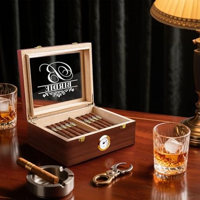 SRdrew Custom Wood Box with Hygrometer, Clear Acrylic Top Display, Personalized Storage Case with Humidifier