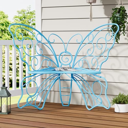 Decoccino 49 Inch Outdoor Bench Blue Garden Bench with Metal Frame Weatherproof Butterfly Front Porch Benches for Lawn Garden Yard Balcony