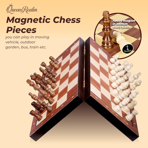 Image of QueensRealm 10 Inch Chess Board Set Wooden Handmade Magnetic Foldable Chessboard for Kids & Adults, Compact & Portable Travel Chess with Inbuilt Storage 2 Players Board Game(10 Inch x 10 Inch- Wooden)