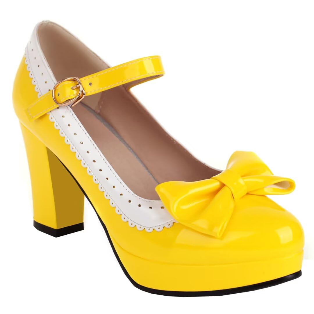 Damen Damen Plateau High Heels Pumps mit Schleife und Blockabsatz Mary Jane Schuhe