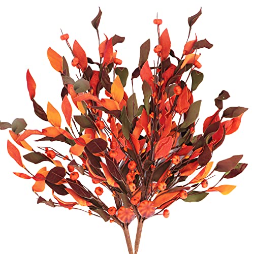 Artificial Fall Flowers, 2 Pcs Autumn Stems Flowers Arrangement With Fake Pumpkin Orange Pip Berry Autumn Leaves Holiday Vase Fillers For Farmhouse Thanksgiving Halloween Christmas Decor (2, Orange) #TOP3