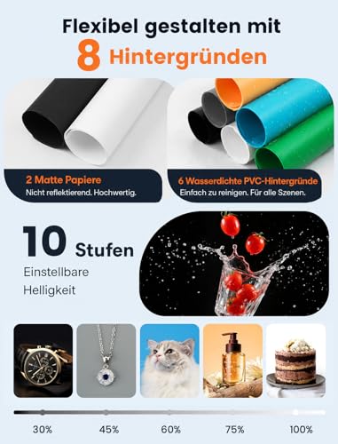 DUCLUS Fotobox 40x40 cm Faltbare Fotostudio, 5500K Dimmbare Lichtzelt Set mit 160 LED Beleuchtung und 8 Produktfotografie Hintergründe