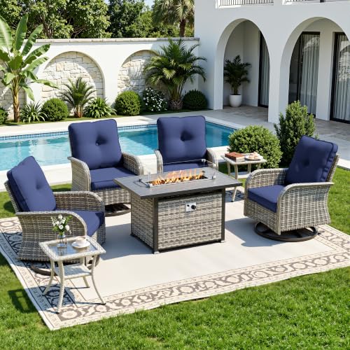 Image of 7-Piece Small Patio Furniture Set, Outdoor Swivel Rocking Chairs Set with 55,000 BTU Fire Pit Table Wicker Chairs and Tempered Glass Side Table, Patio Bistro Set for Balcony, Deck, Porch