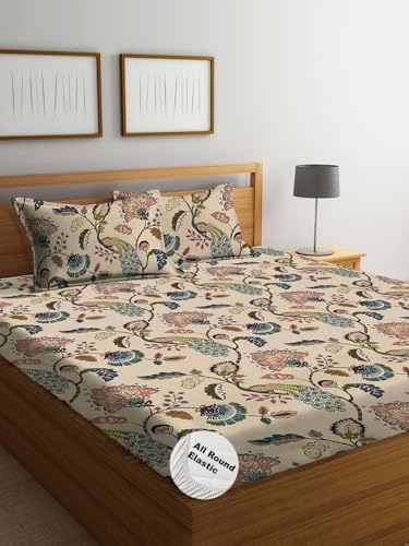 Image of Blue Strip Polycotton Fitted Bedsheet, King 72x78 (Yellow White Leaf) | 300 TC | All-Round Elastic Grip | Soft, Breathable & Colourfast | Wrinkle Resistant | Machine Washable
