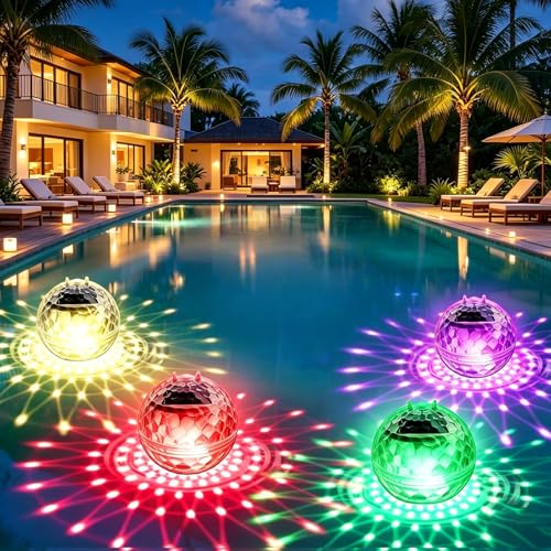 GAOUTO 4 luci solari per piscina, 10 cm, luce a LED galleggiante, illuminazione solare per laghetto con illuminazione RGB che cambia colore per piscina, stagno, fontane, parchi acquatici