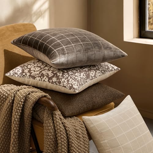 Image of MIULEE Brown Plaid Decorative Fall Throw Pillow Covers 22x22 Set of 2 | Vintage Check Chenille Couch Pillows Boho Farmhouse Cushion Covers Modern Fall Home Decor for Sofa Bed Living Room