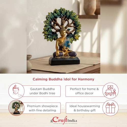 Image of eCraftIndia Lord Buddha Statue for Home Decor Living Room | Gautam Buddha Idol Under the Bodhi-Tree | Showpiece Gift for Housewarming Birthday