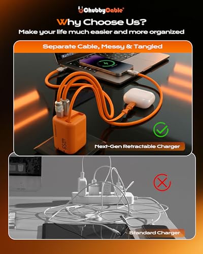 Image of ChubbyCable ChubbyCharge MagCore 65W GaN Wall Charger with Built-in Retractable Magnetic Cable, USB C Fast Charging Block Compatible with iPhone 17 /16 /15, Pad, Galaxy, Pixel