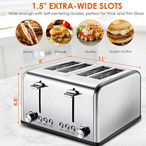 QINGZHUO Toaster aus rostfreiem Stahl mit breitem Schlitz,4 Scheiben Toaster,6 Bräunungseinstellung,mit Funktion zum… – Bild 3