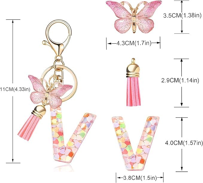 Image of GEOCARTER Lightweight Fashion Initial Letter Key Ring with Butterfly Pendant & Tassel, Stylish Purse Charm for Handbags, Car Keys, Gifts for Girls & Women