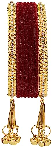 Image of NMII Metal with Zircon Gemstone and Velvet Studded Bells Latkan Bangles Set For Girls and Women I Latkan Bangles, Premium Bangle Bracelet Set I Pack of 16 Bangles