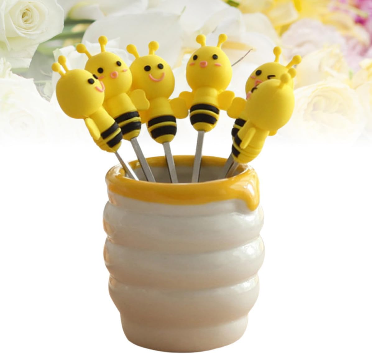 7 Pcs Bee Fruit Fork Set with Ceramic Holder, Dessert Picks