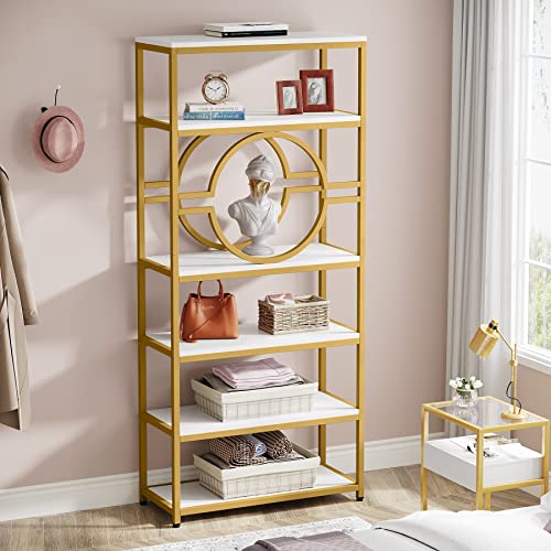 Image of Tribesigns 6-Tier Bookshelf, 74.2 inch Tall Bookcase Metal Book Shelf, Freestanding Storage Shelves Modern Bookshelf for Home Office Living Room Bedroom (White /Gold, 1PC)