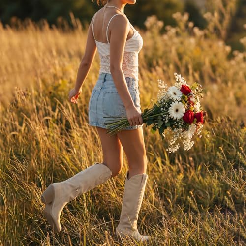 Image of wetkiss Women's Knee High Cowboy Boots | Western Cowgirl, Embroidered Pointed Toe, PU Leather, Chunky Heel, Pull On Tall