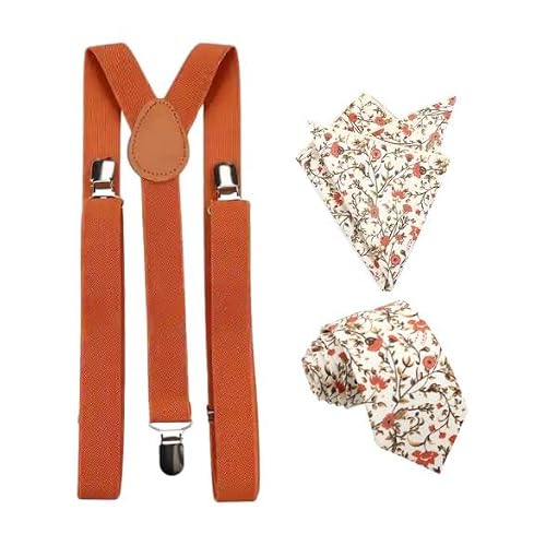 Men's Luxury Cotton Bow Tie & Pocket Square and Braces Set (Orange, Cream & Green Floral Print Tie and Pocket Square & Burnt Orange Braces)