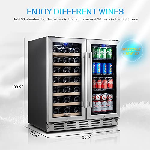 Kalamera Wine Fridge, 30 inch Built in Wine and Beverage Refrigerator, Dual Zone w/ 33 Bottles and 96 Cans Capacity, Digital Touch Control - Thumbnail 3