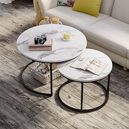 Semiocthome Round Nesting Coffee Table, 31.5" White Modern Accent Wood Coffee Tables Set Of 2, Faux Marble Coffee Table For Living Room Small Space, End Side Nesting Tables With Sturdy Metal Frame #TOP3