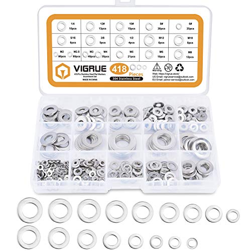 VIGRUE 304 Stainless Steel Flat Washers Set 418 Pieces SAE & Metric Washers Hardware Assortment-17 Sizes M2 M2.5 M3 M4 M5 M6 M8 M10 M12 1/2 3/8 5/16 1/4 12# 10# 8# 6#