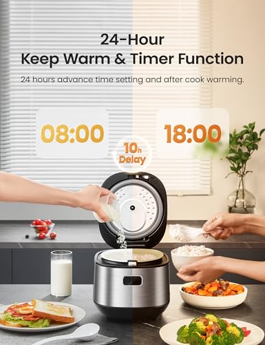 COMFEE' Compact Rice Cooker 8 Cups Cooked/4 Cups Uncooked, 9-in-1 Multi Cooker, Fast Rice Maker, Steam, Brown Rice, Grains, Fuzzy Logic Technology, Grey